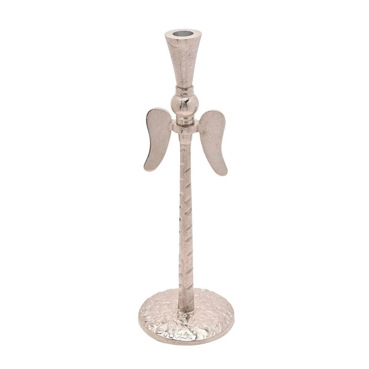 Silver metal taper candle holder with angel wings on a textured stem and hammered round base, tapered cup top, shown on a plain white background.