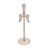 Silver metal taper candle holder with angel wings on a textured stem and hammered round base, tapered cup top, shown on a plain white background.