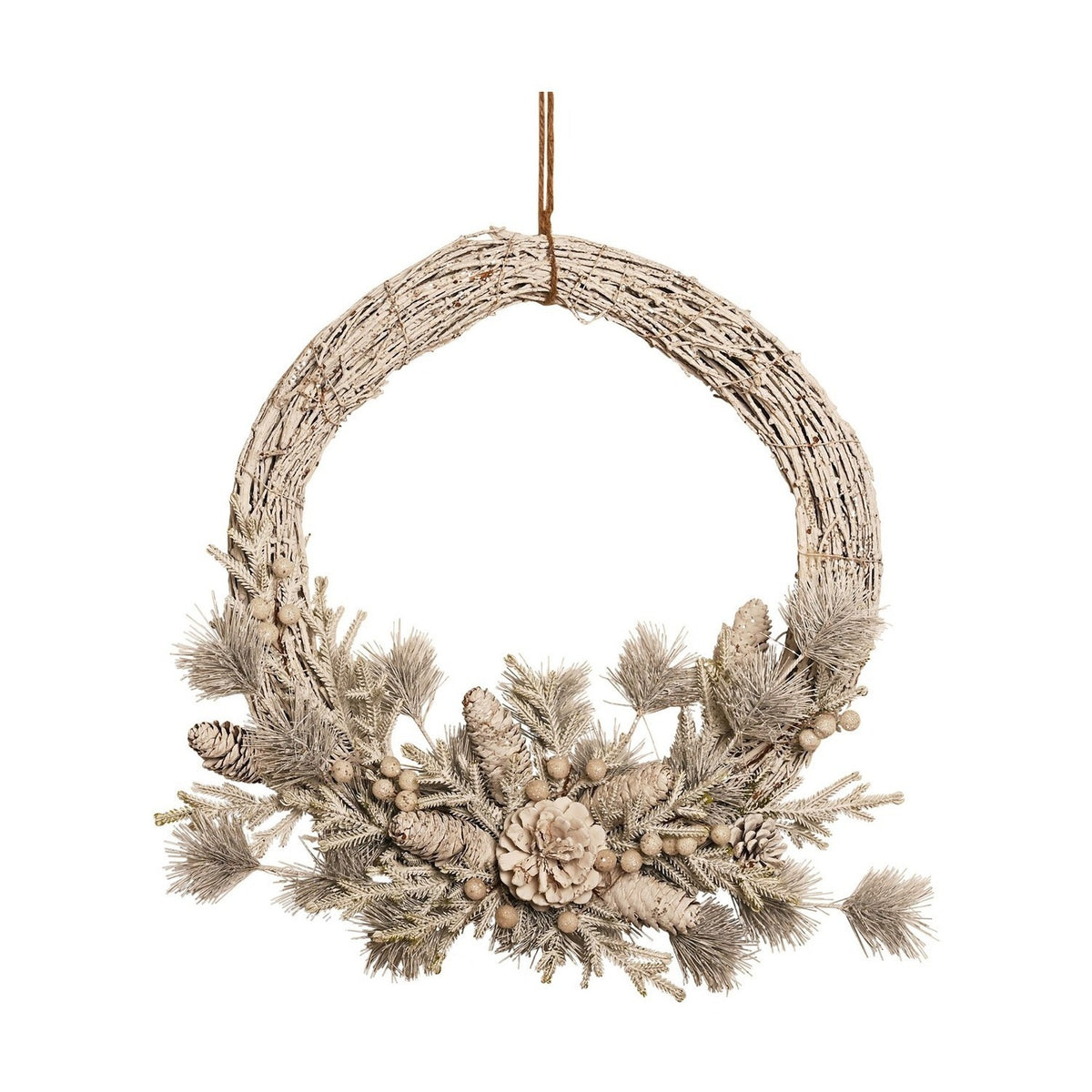 Round Frosted Pine Cone and Berry Wooden Wreath 45cm - White
