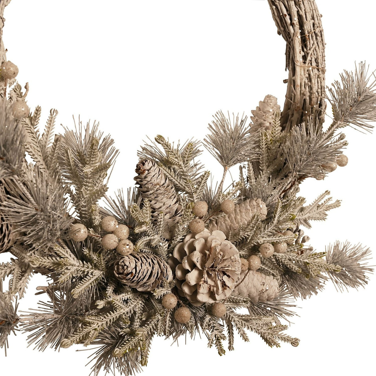Round Frosted Pine Cone and Berry Wooden Wreath 45cm - White