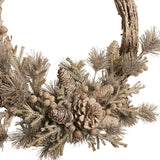 Round Frosted Pine Cone and Berry Wooden Wreath 45cm - White