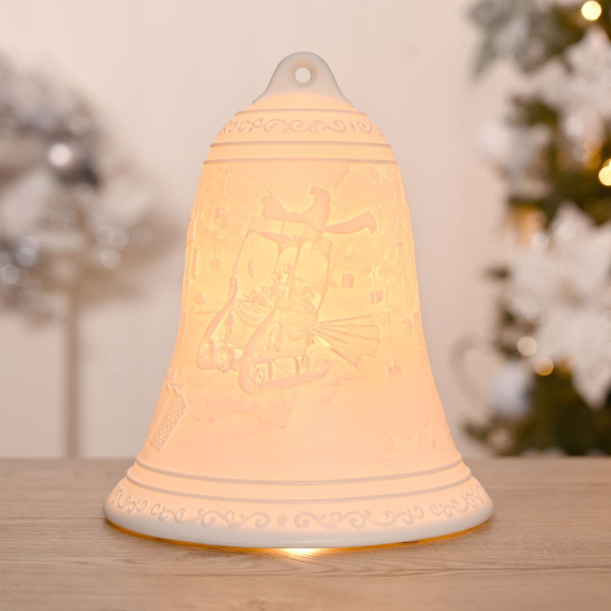 Embossed Christmas Bell Porcelain Table Lamp 23cm - White