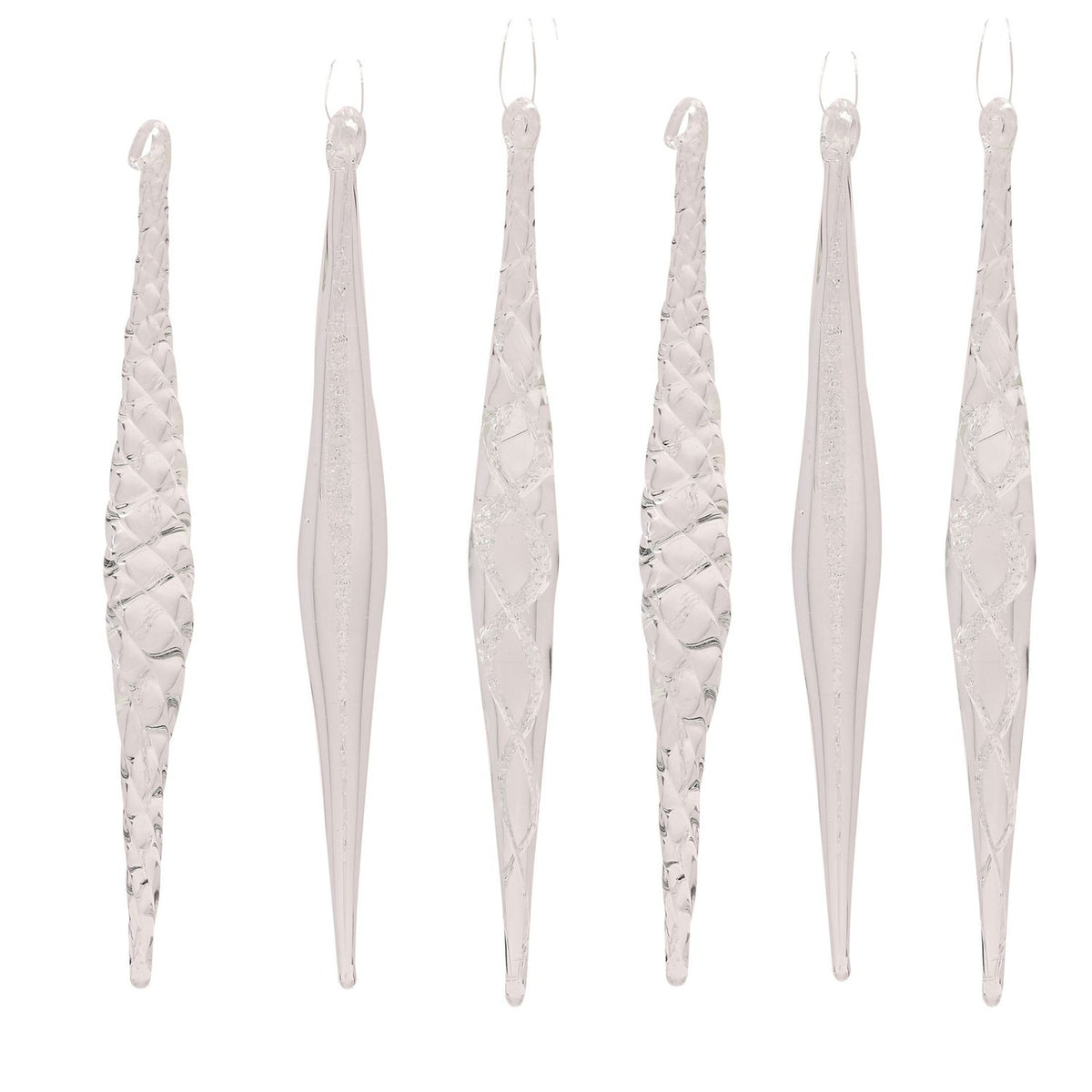 Set of 6 Glass Icicle Hanging Christmas Tree Decorations - Clear
