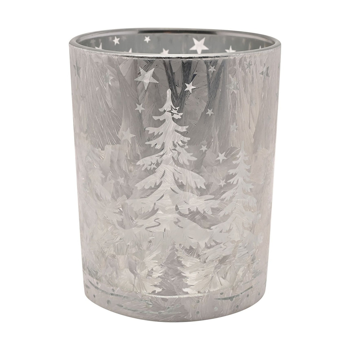 Pine Tree Frosted Glass Candle Holder 10 x 12.5cm - Silver