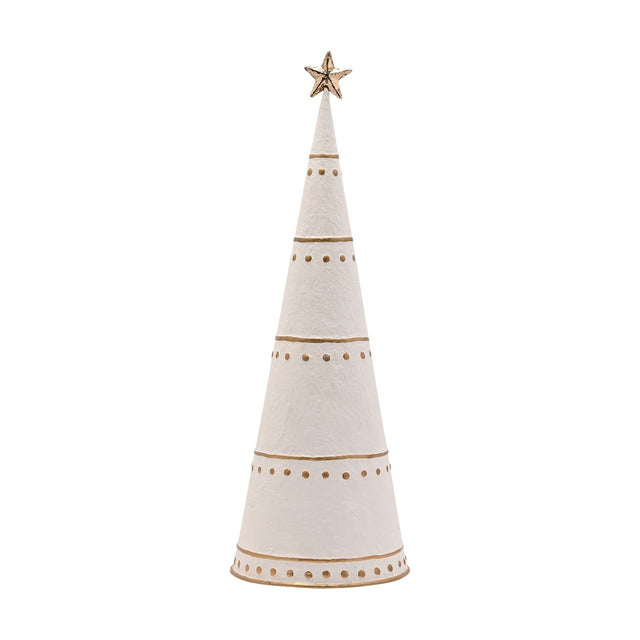 White metal cone Christmas tree ornament, 43cm, with gold bands, dot detailing, and a gold star topper, shown on a plain white background.