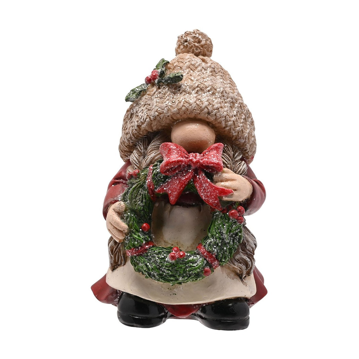 Christmas Knitted Hat Gonk Resin Figurine with Wreath - Red