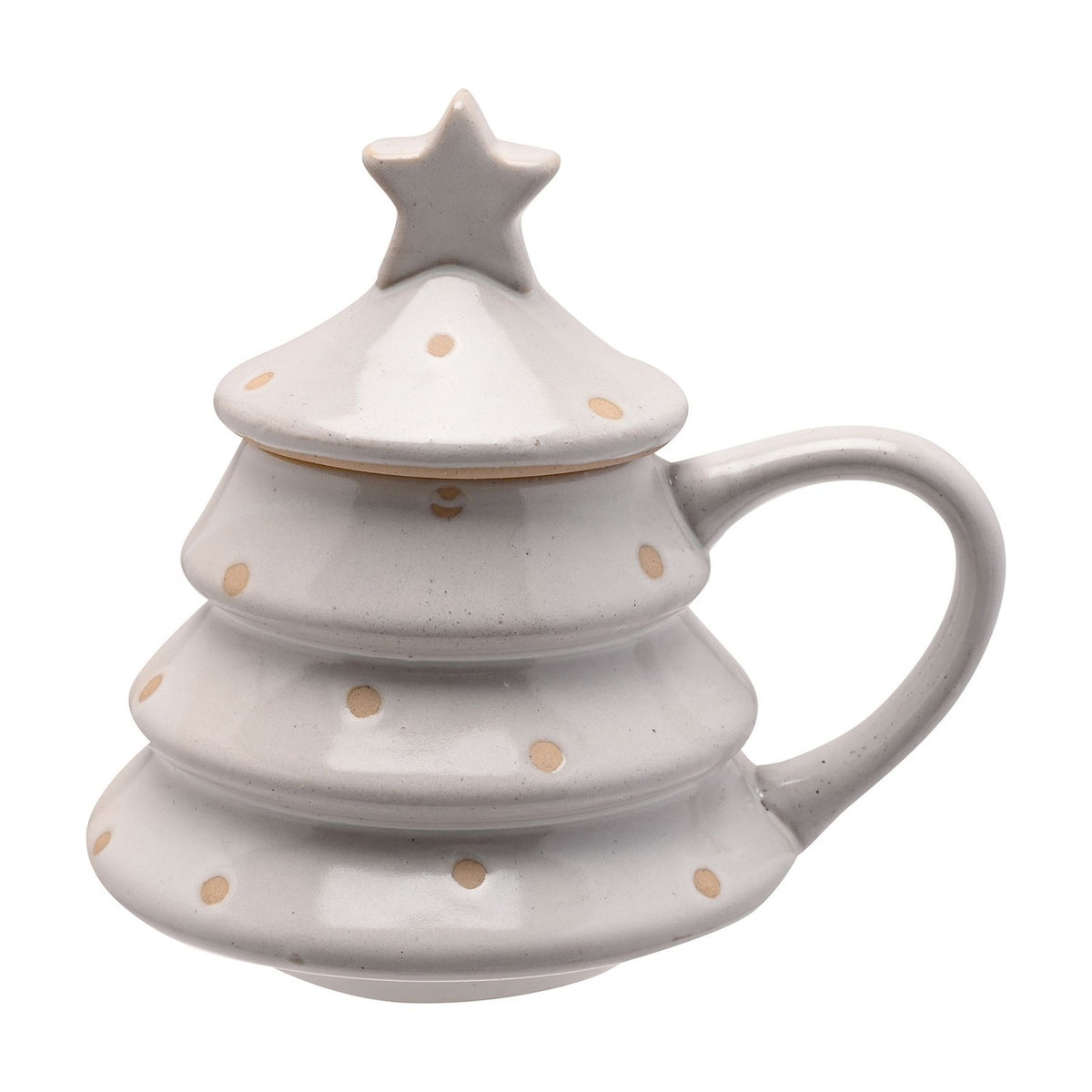 White stoneware mug shaped like a tiered Christmas tree with tan polka dots, a star-topped lid, and a looped handle, set against a plain white background.
