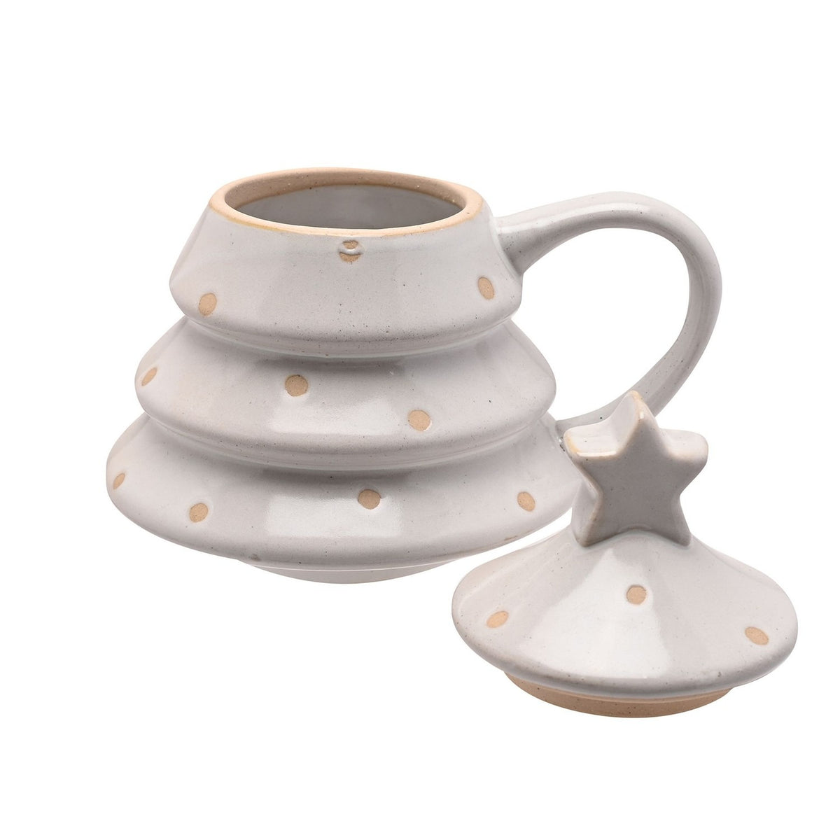 White stoneware mug shaped like a tiered Christmas tree with tan polka dots, a looped handle, and a star-topped lid shown removed beside it on a plain background.