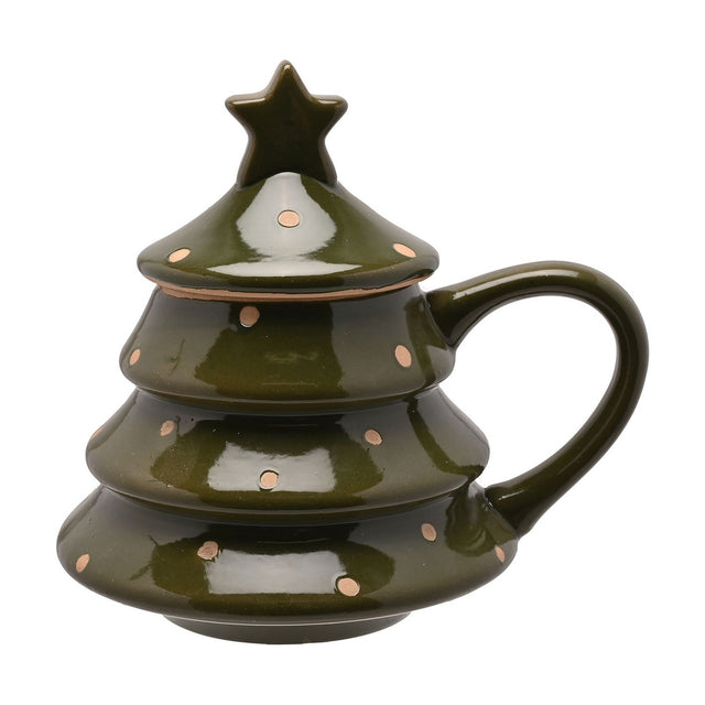 Stoneware mug shaped like a three-tiered Christmas tree in glossy green with peach polka dots, featuring a curved handle and a removable star-topped lid, shown on a plain white background.