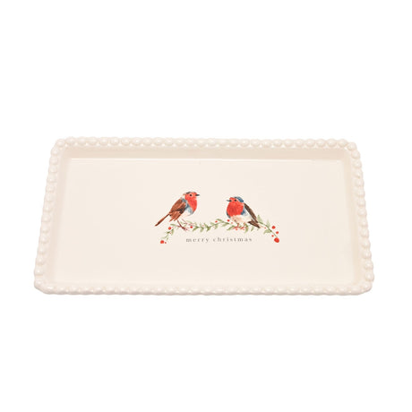White rectangular stoneware plate with a beaded rim, featuring two robins on a berry sprig and "merry christmas" text, set on a plain white background.