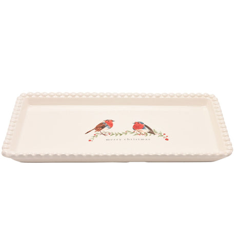 White rectangular stoneware plate with beaded rim, featuring two robins on a berried sprig and "merry christmas" text, shown on a plain white background.