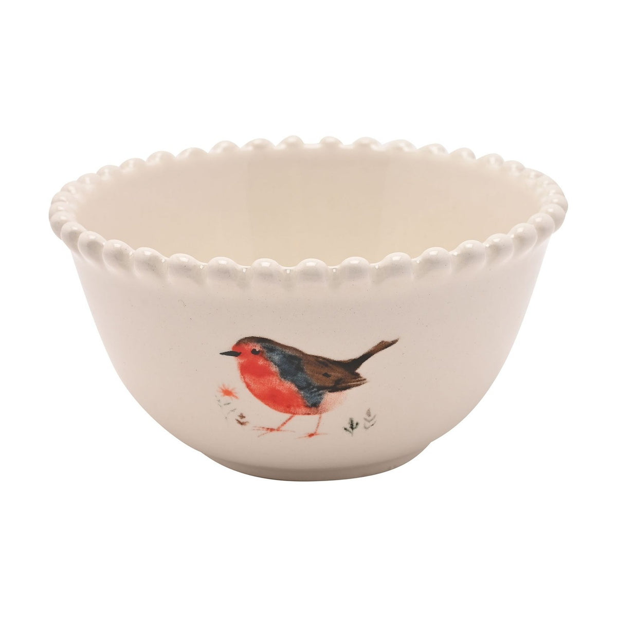 Christmas Robin Stoneware Dip Bowl with Beaded Rim - Cream