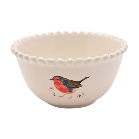 Cream stoneware dip bowl with beaded rim, featuring a watercolour-style robin among small sprigs on the side, set against a plain white background.