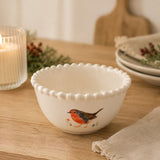 Christmas Robin Stoneware Dip Bowl with Beaded Rim - Cream
