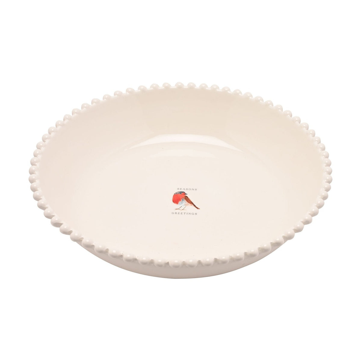 Christmas Robin Beaded Edge Stoneware Serving Bowl - Cream