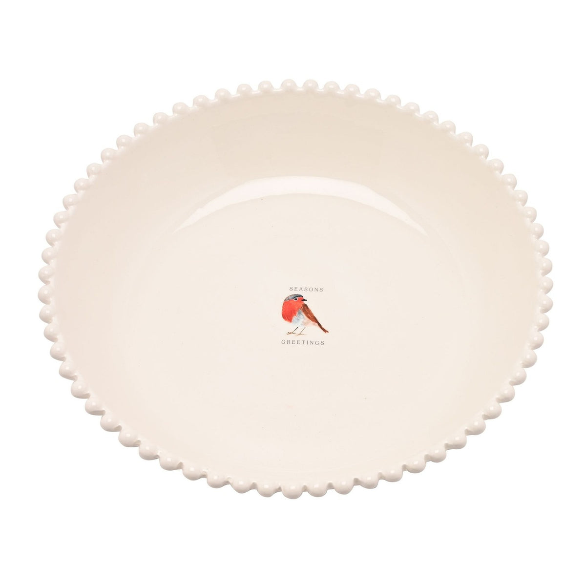 Christmas Robin Beaded Edge Stoneware Serving Bowl - Cream