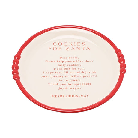 Round white stoneware "Cookies for Santa" plate with red beaded rim and red "Dear Santa" message text, shown on a plain white background.