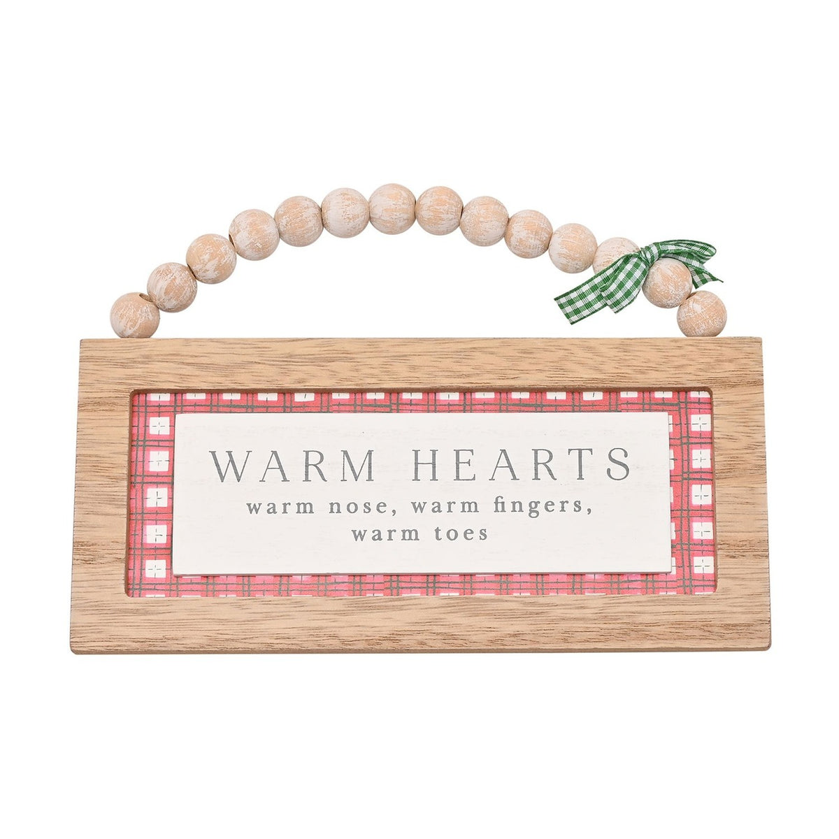 Warm Hearts Check Beaded Wooden Hanging Plaque - Red & Brown