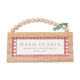 Warm Hearts Check Beaded Wooden Hanging Plaque - Red & Brown