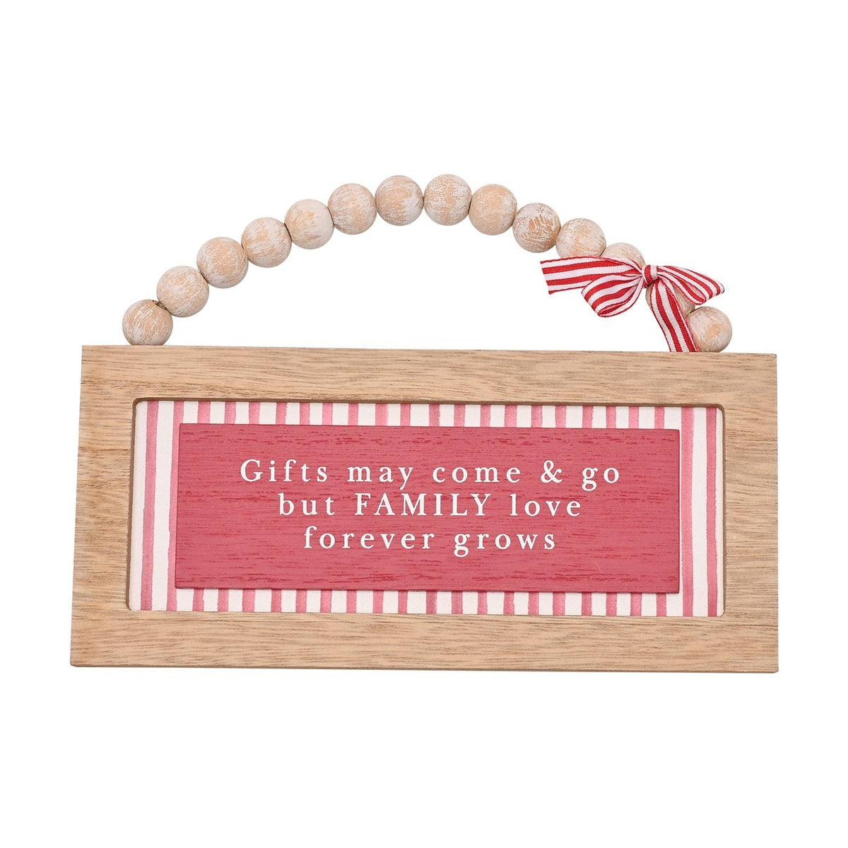 Family Christmas Beaded Hanging Wooden Plaque with Bow - Red