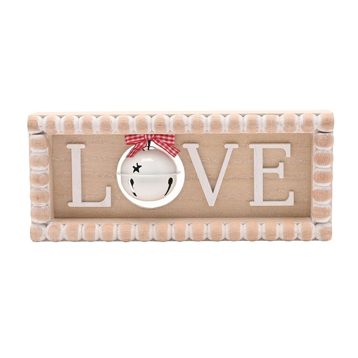 Love Bobble Wooden Mantel Plaque with Bell and Bow - White