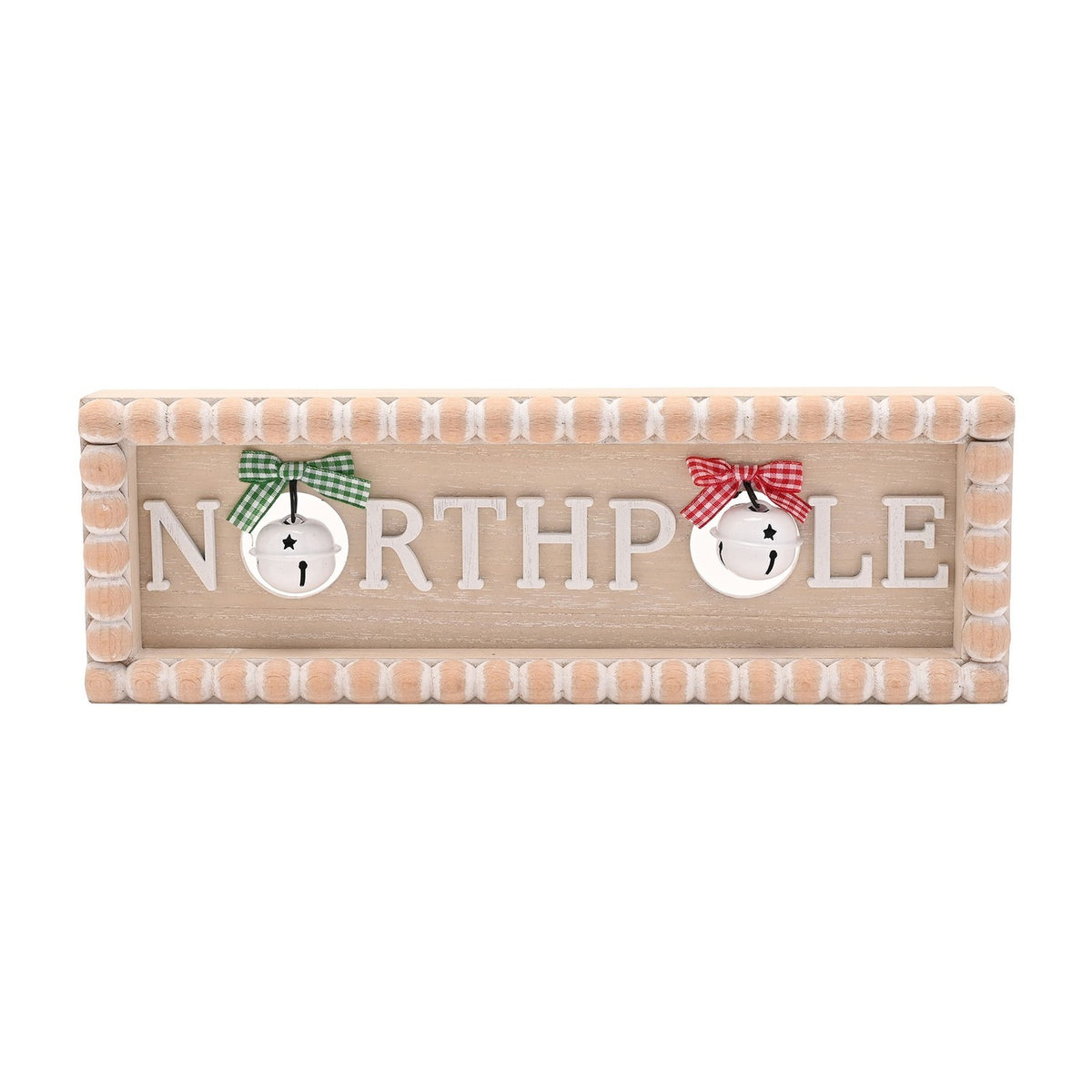 North Pole Bobble Wooden Mantel Plaque with Bells - White