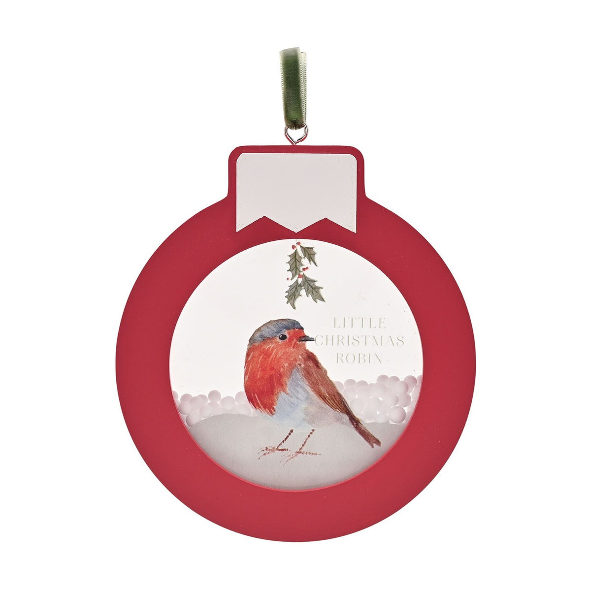 Round red bauble-shaped wall plaque with a watercolour robin in snow beneath holly, "Little Christmas Robin" text, white banner tab, and green ribbon hanger, on a plain background.