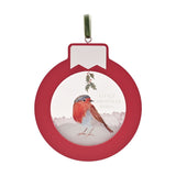 Round red bauble-shaped wall plaque with a watercolour robin in snow beneath holly, "Little Christmas Robin" text, white banner tab, and green ribbon hanger, on a plain background.