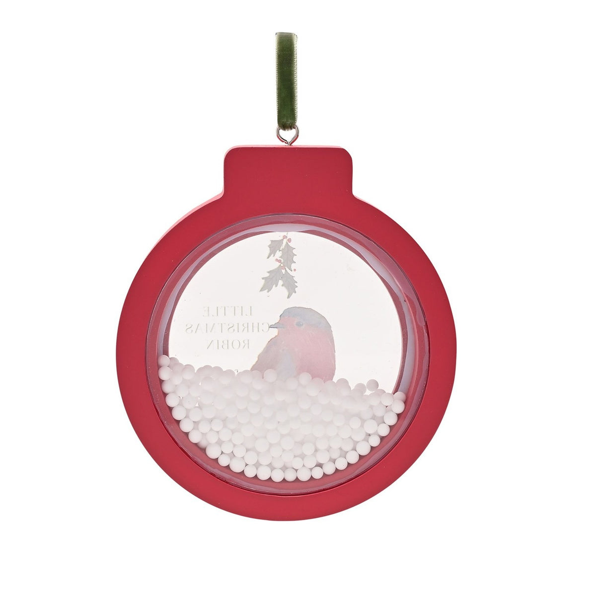 Round red bauble-shaped wall plaque with a clear window showing a watercolour robin, holly sprig, and faux snow beads, hung with a green ribbon on a white background.