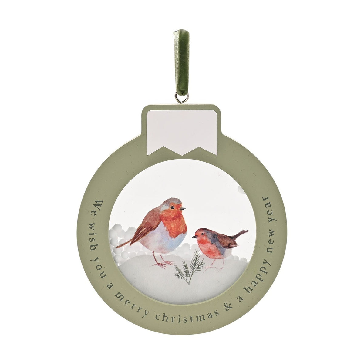 Merry Christmas Snowy Robin Bauble Hanging Plaque - Green