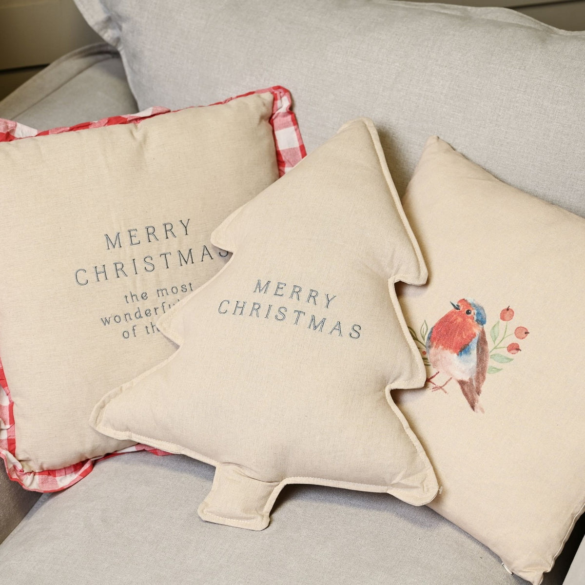 Tree 'Merry Christmas' Linen Cushion with Grey Text - Cream