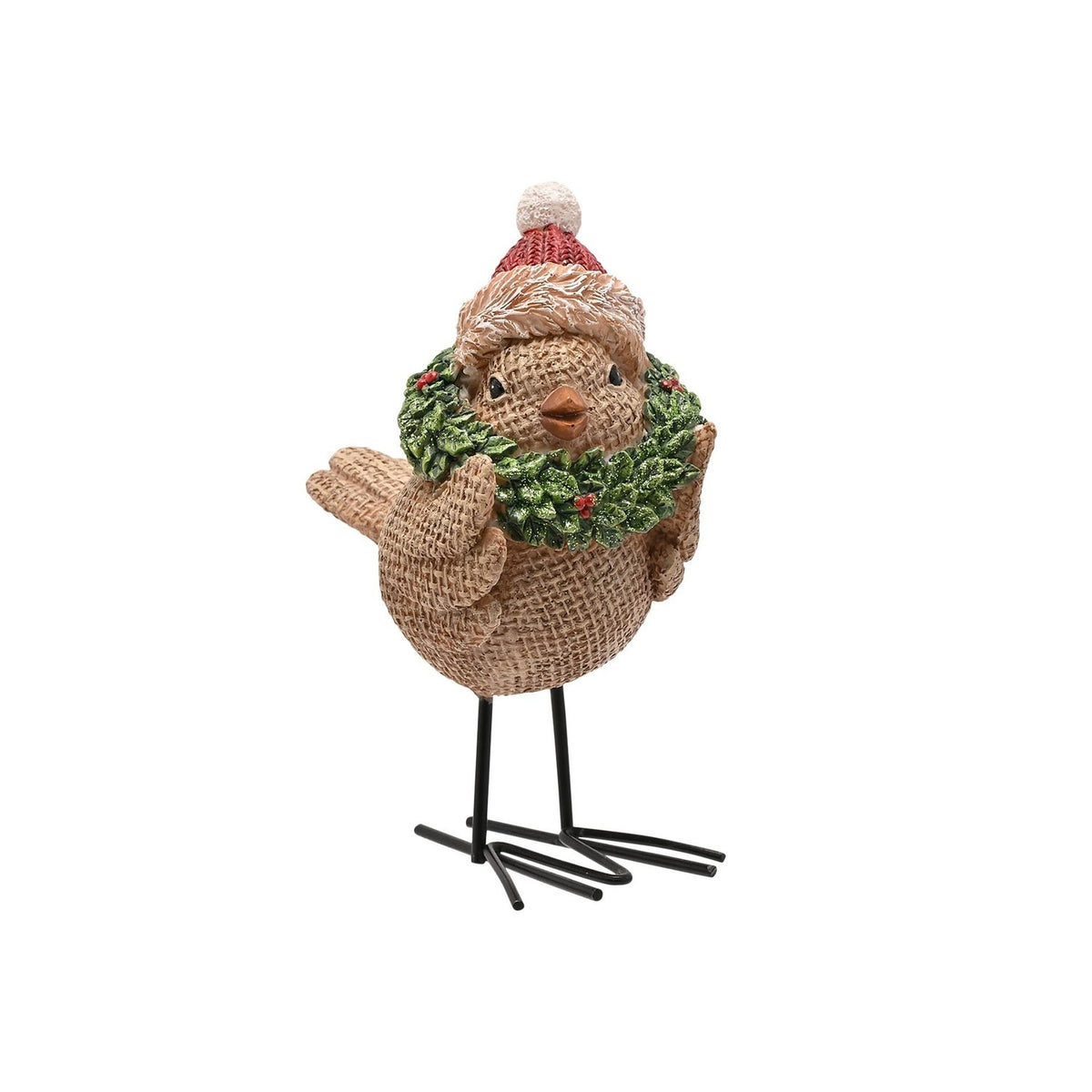 Christmas Robin resin figurine with woven hessian-look texture, red knitted bobble hat, and green holly wreath with red berries, set on wire legs against a white background.
