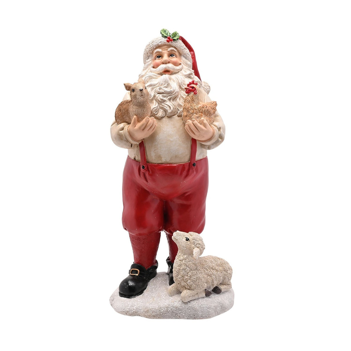 Santa with Chicken and Lamb Resin Christmas Decoration - White