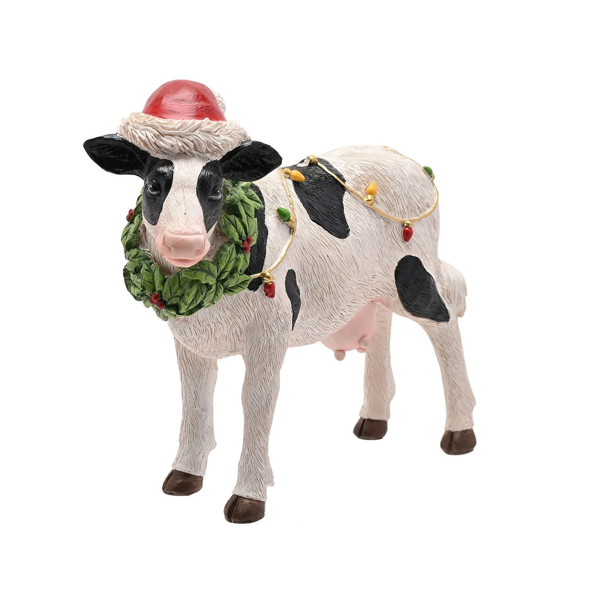 Christmas Cow Resin Ornament with Santa Hat & Wreath - White