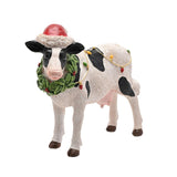 Christmas Cow Resin Ornament with Santa Hat & Wreath - White