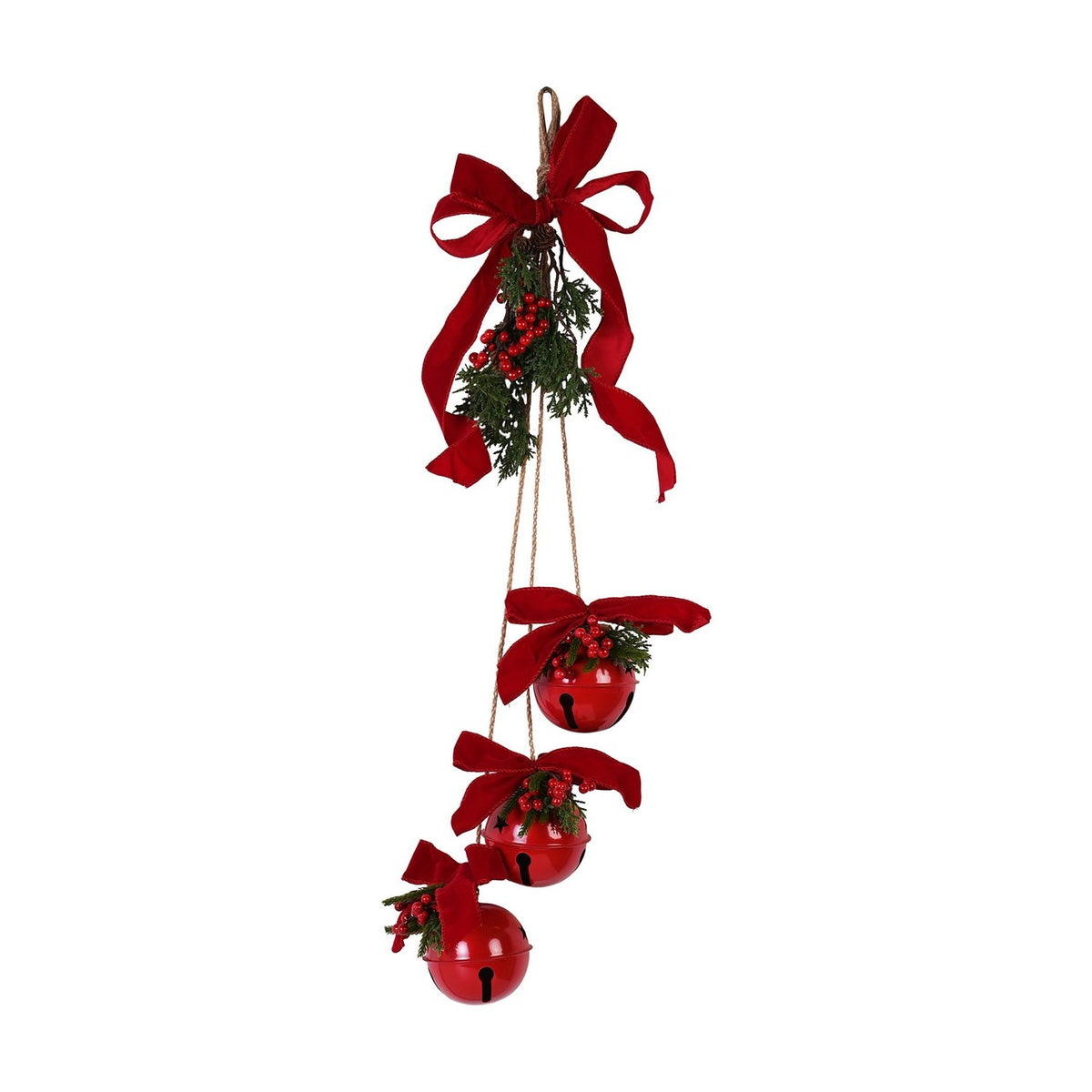Metal Bells Ornament with Bow & Faux Foliage 72cm - Red