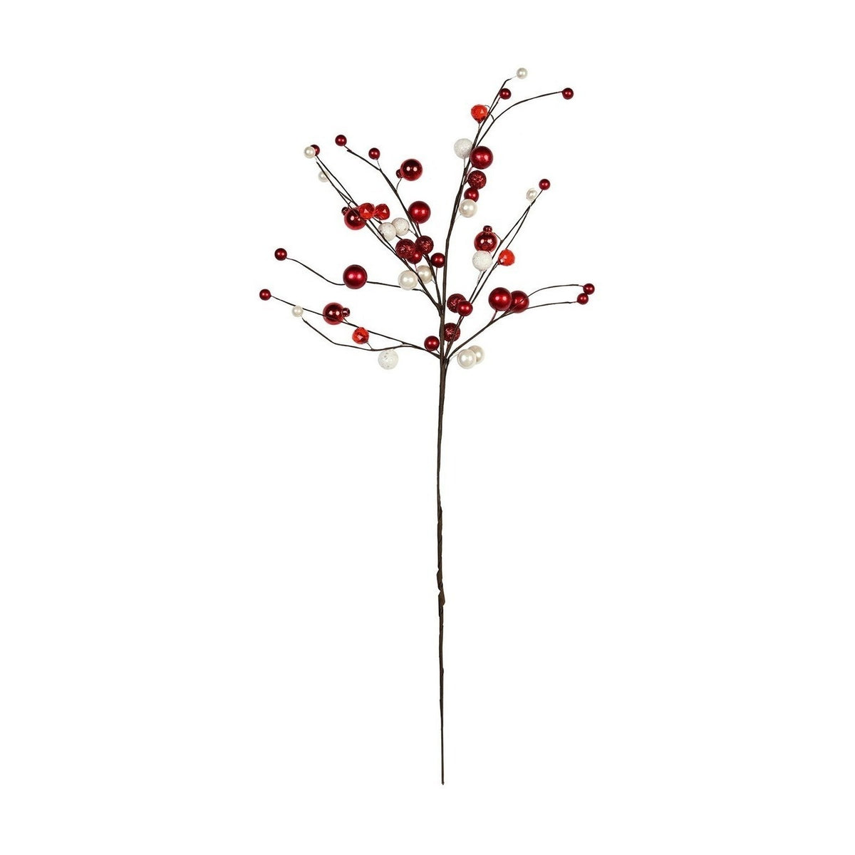 Slender branching Christmas stem decorated with glossy, pearly, and glittered red baubles mixed with white pearl and glitter accents.