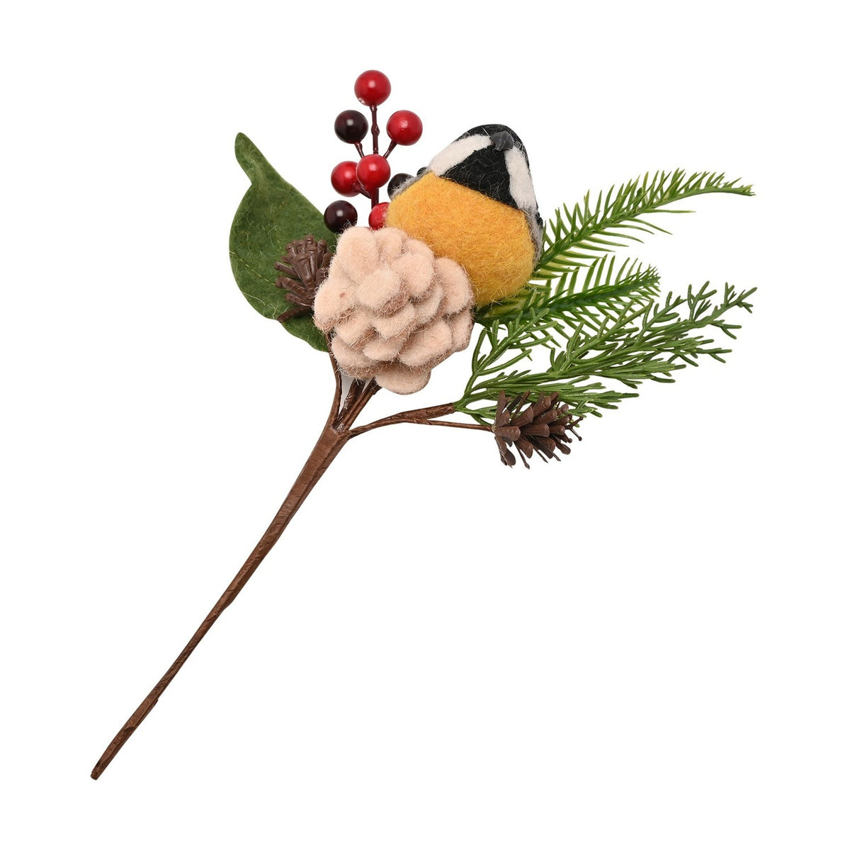 Bird and Pine Cone Christmas Pick Faux Plant 29cm - Yellow
