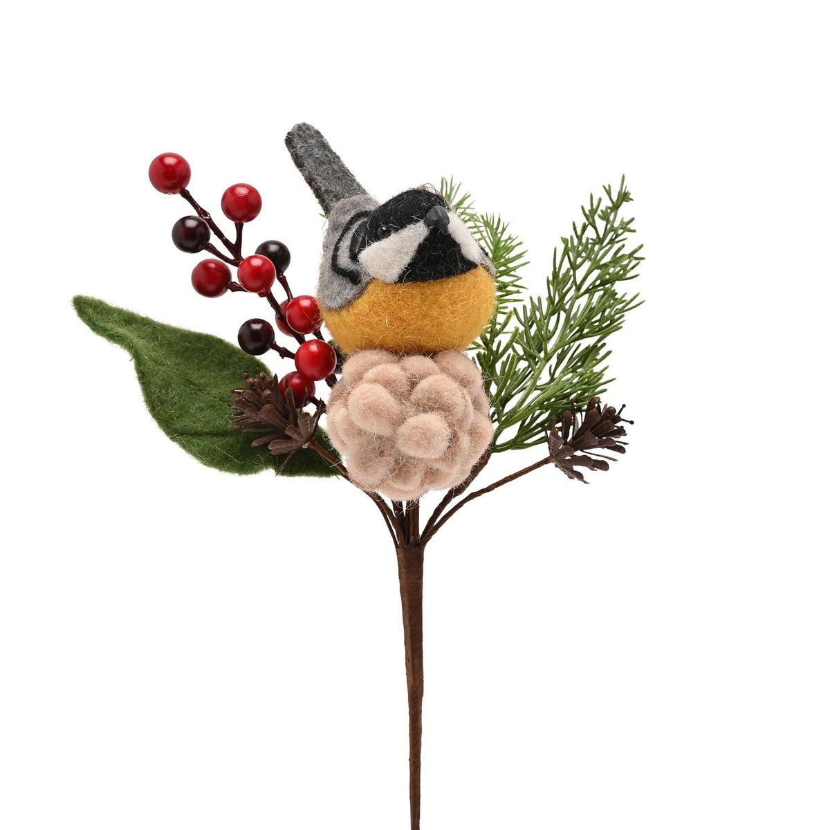 Bird and Pine Cone Christmas Pick Faux Plant 29cm - Yellow