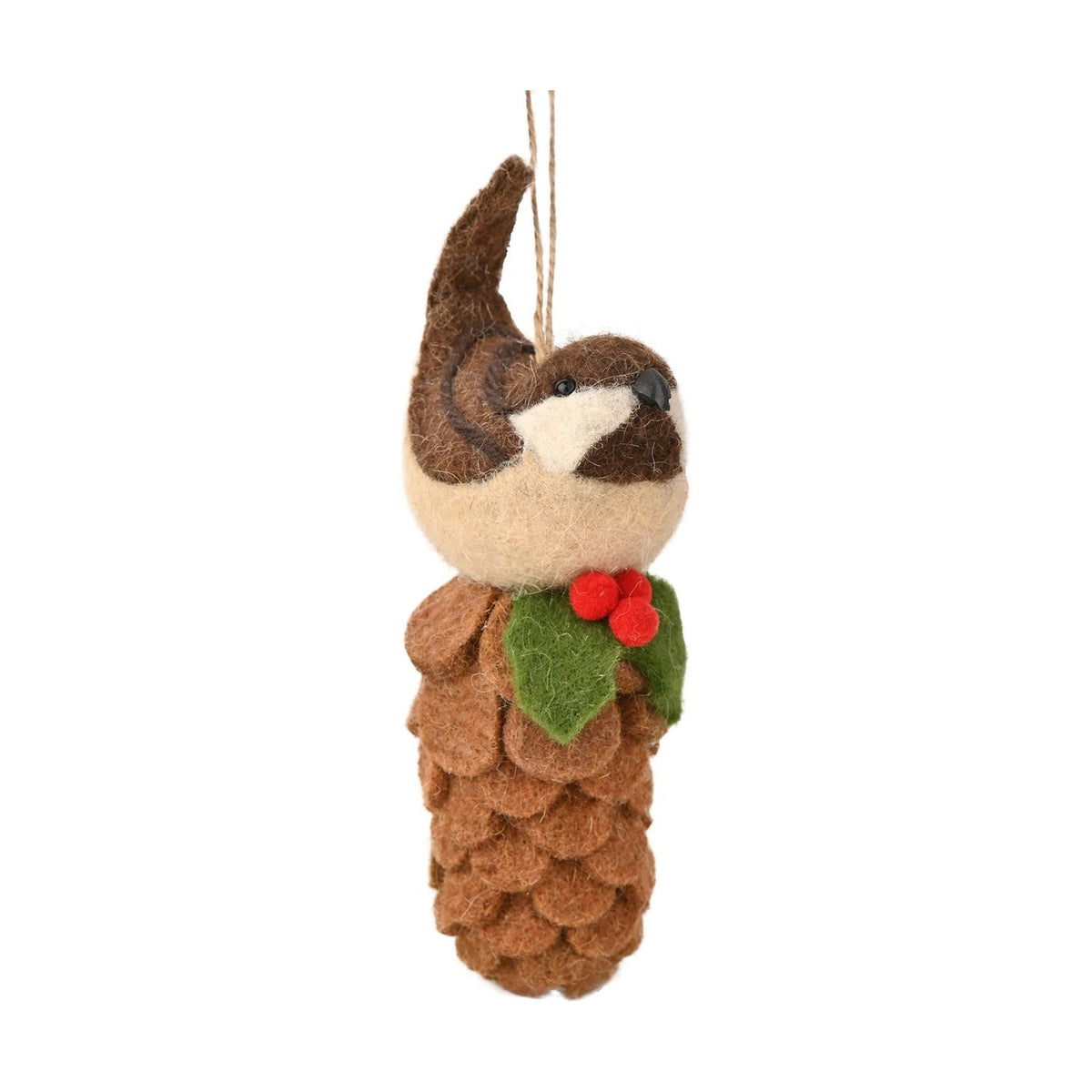 Hanging Bird on Pinecone Christmas Decoration 15cm - Brown