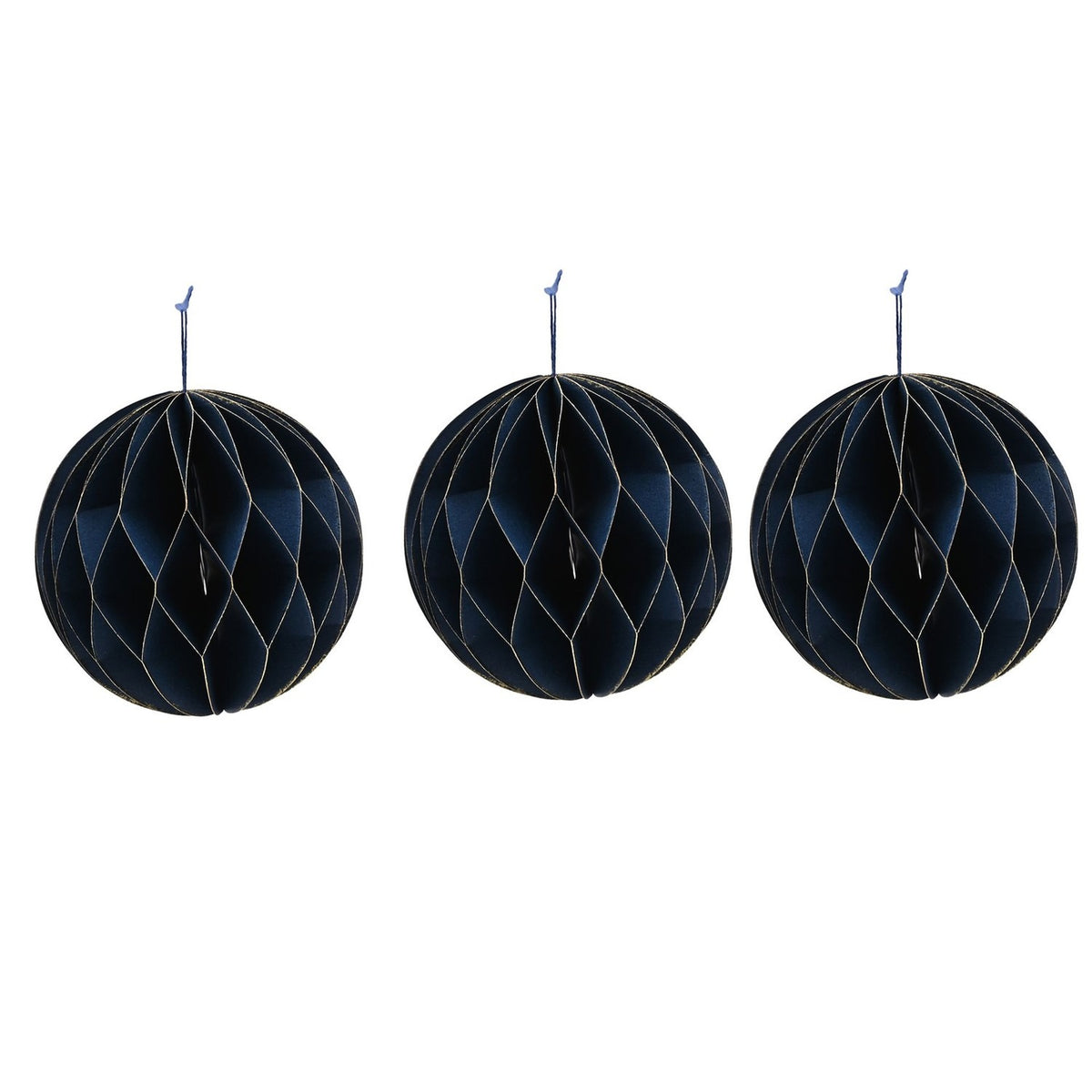 Set of 3 Paper Bauble Tree Decorations with Gold Edge 10cm - Blue