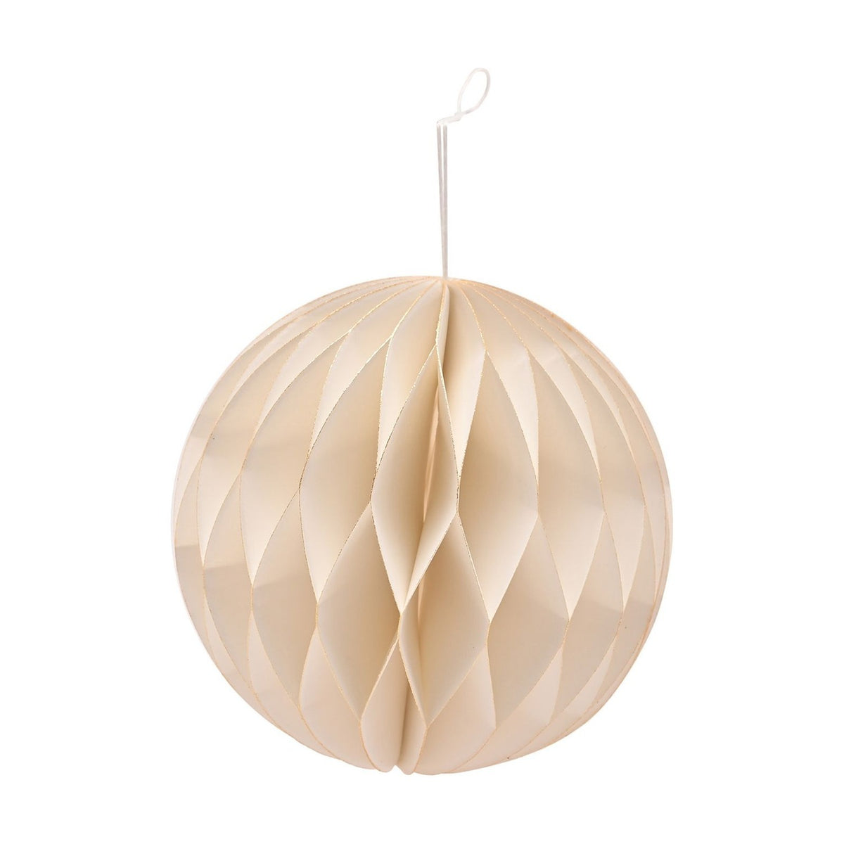 White honeycomb paper Christmas bauble, 10cm round, with gold-edged folds and a white cord loop, shown on a plain white background.