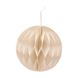 White honeycomb paper Christmas bauble, 10cm round, with gold-edged folds and a white cord loop, shown on a plain white background.