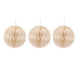 Set of three white honeycomb paper Christmas tree baubles, 10cm round with gold-edged folds and white cord loops, shown on a plain white background.