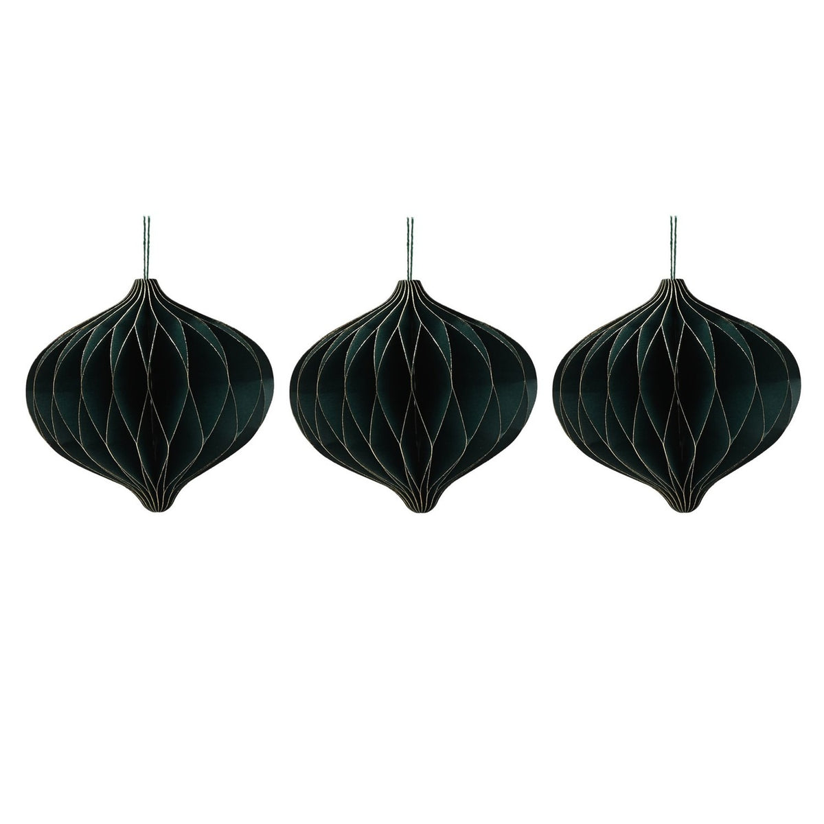 Set of 3 Gold Edge Paper Christmas Tree Decorations 9cm - Green