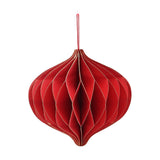 Red paper honeycomb onion-shaped Christmas tree decoration with gold-edged leaves and a red hanging loop, shown on a plain white background.