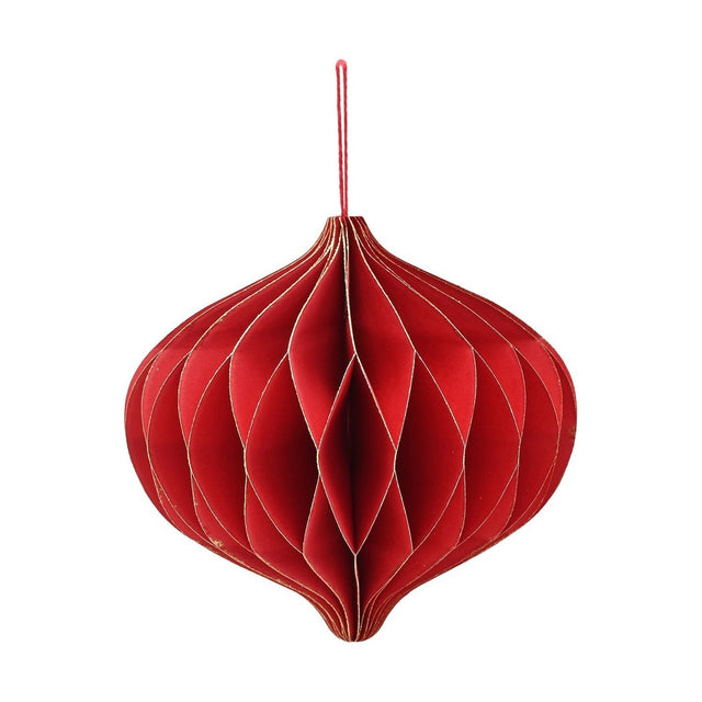 Red paper honeycomb onion-shaped Christmas tree decoration with gold-edged leaves and a red hanging loop, shown on a plain white background.