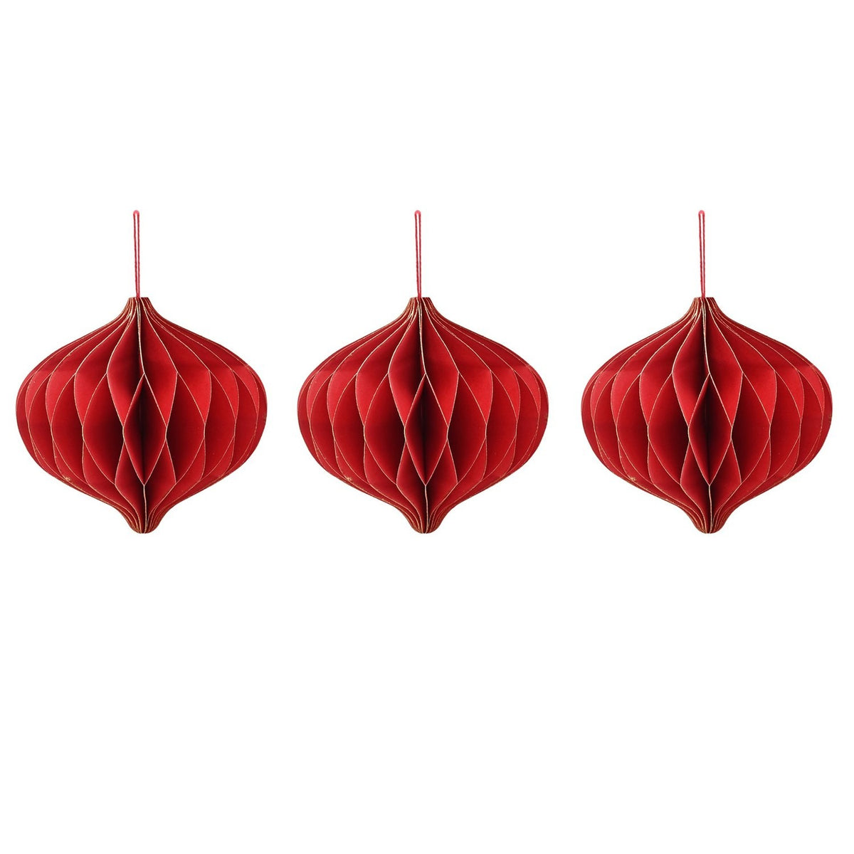 Set of three red paper honeycomb onion bauble Christmas decorations with gold-edged detailing, each hung by a red cord on a plain white background.