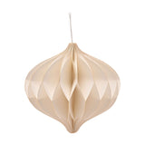 White honeycomb paper Christmas bauble decoration, 9cm onion shape with gold-edged folds and a hanging loop, shown on a plain white background.