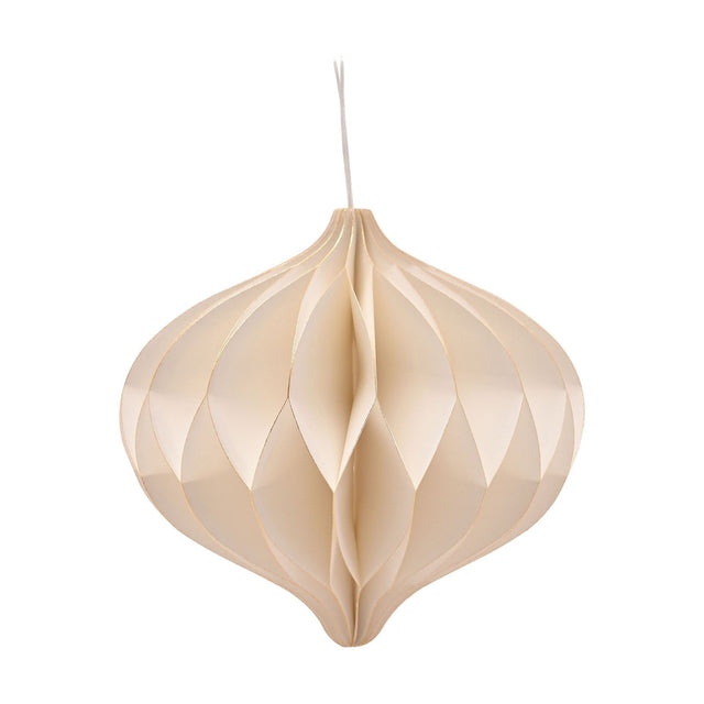 White honeycomb paper Christmas bauble decoration, 9cm onion shape with gold-edged folds and a hanging loop, shown on a plain white background.